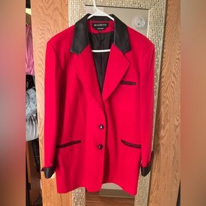 VINTAGE RED WOOL BLAZER WITH LEATHER COLLAR AND CUFFS… BY BRAEBROOK SIZE 11/12